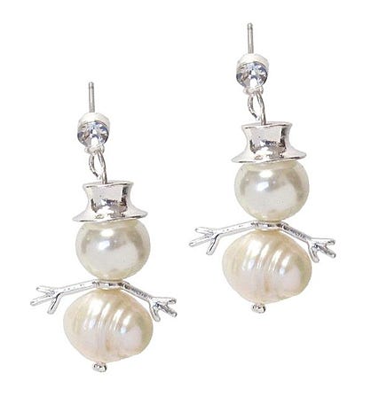 Silver Fresh Pearl Snowman Earring - Christmas Theme